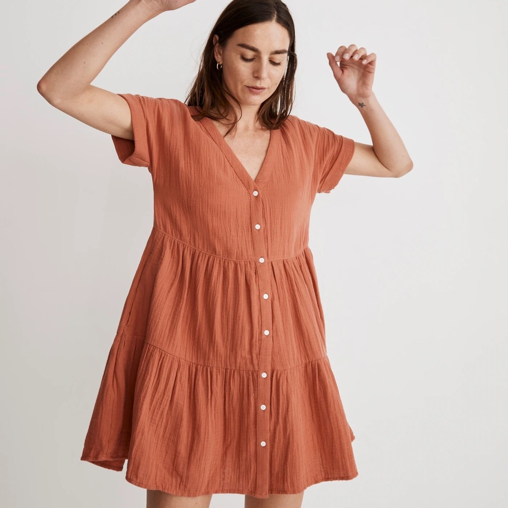 Madewell Lightspun Cuff-Sleeve Button-Front Tiered Mini Dress